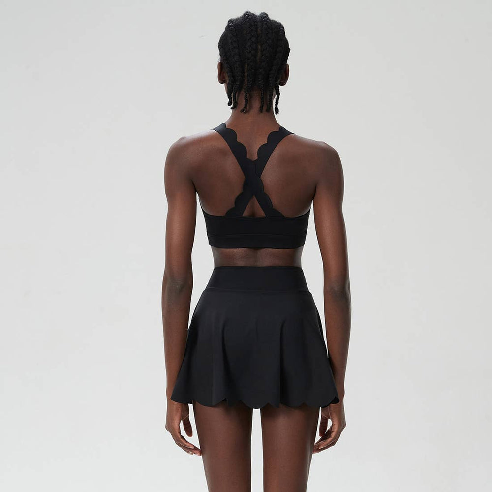 Seamless Scalloped SET Bra Tank & A-Line Skirt: Black