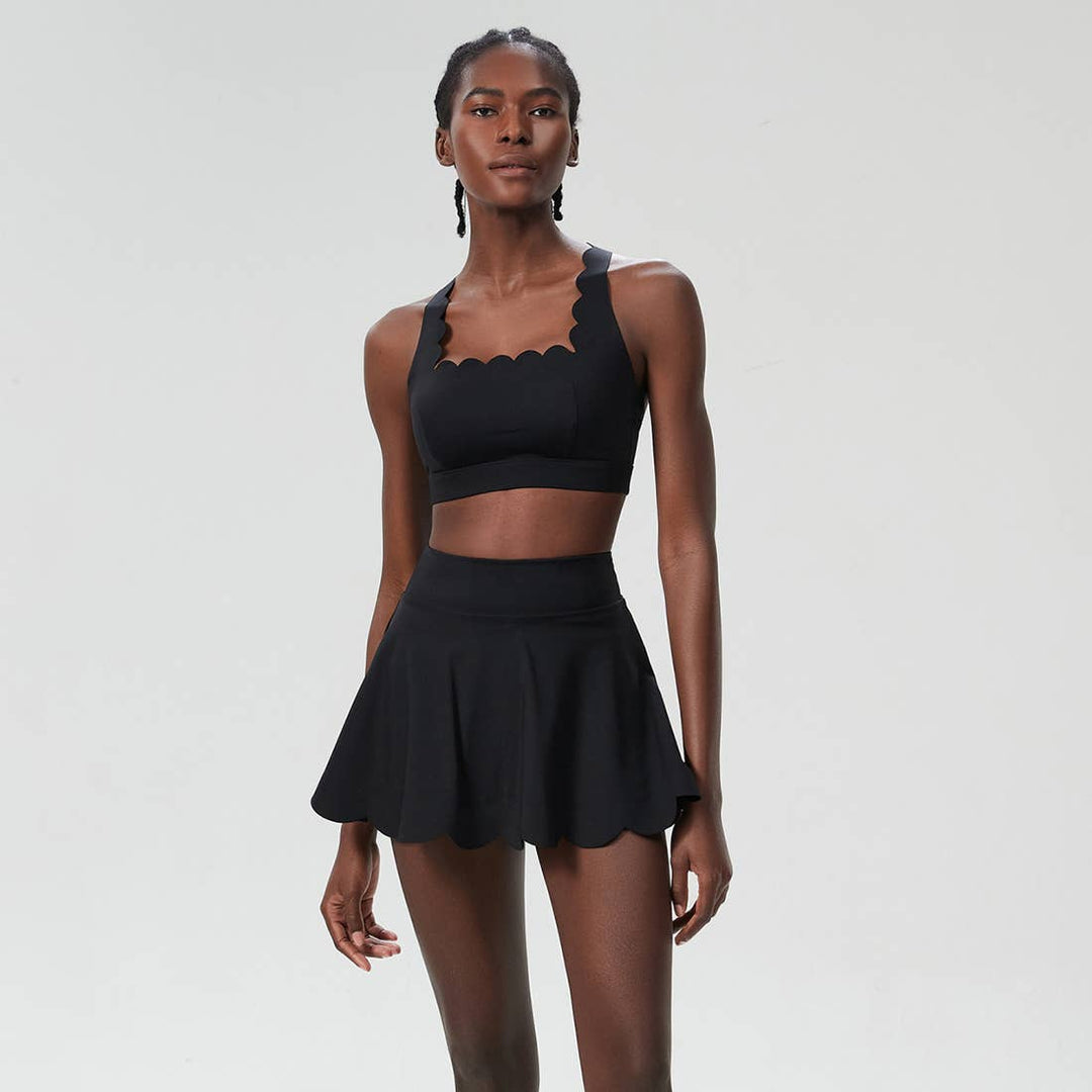 Seamless Scalloped SET Bra Tank & A-Line Skirt: Black